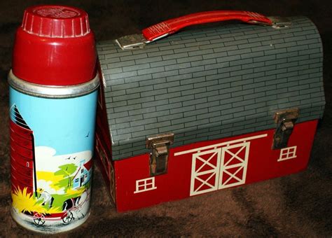 vintage metal farm lunch box and thermos|retro metal lunch box.